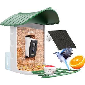 Bird Feeder with Camera, 1 Year Trial AI Identify, Birds Watching Camera with 4 DIY Add-ons, Smart Birds Cam with Solar Panel for Outdoor, Auto Record Videos, Gift for Bird Lover (Forest Green)