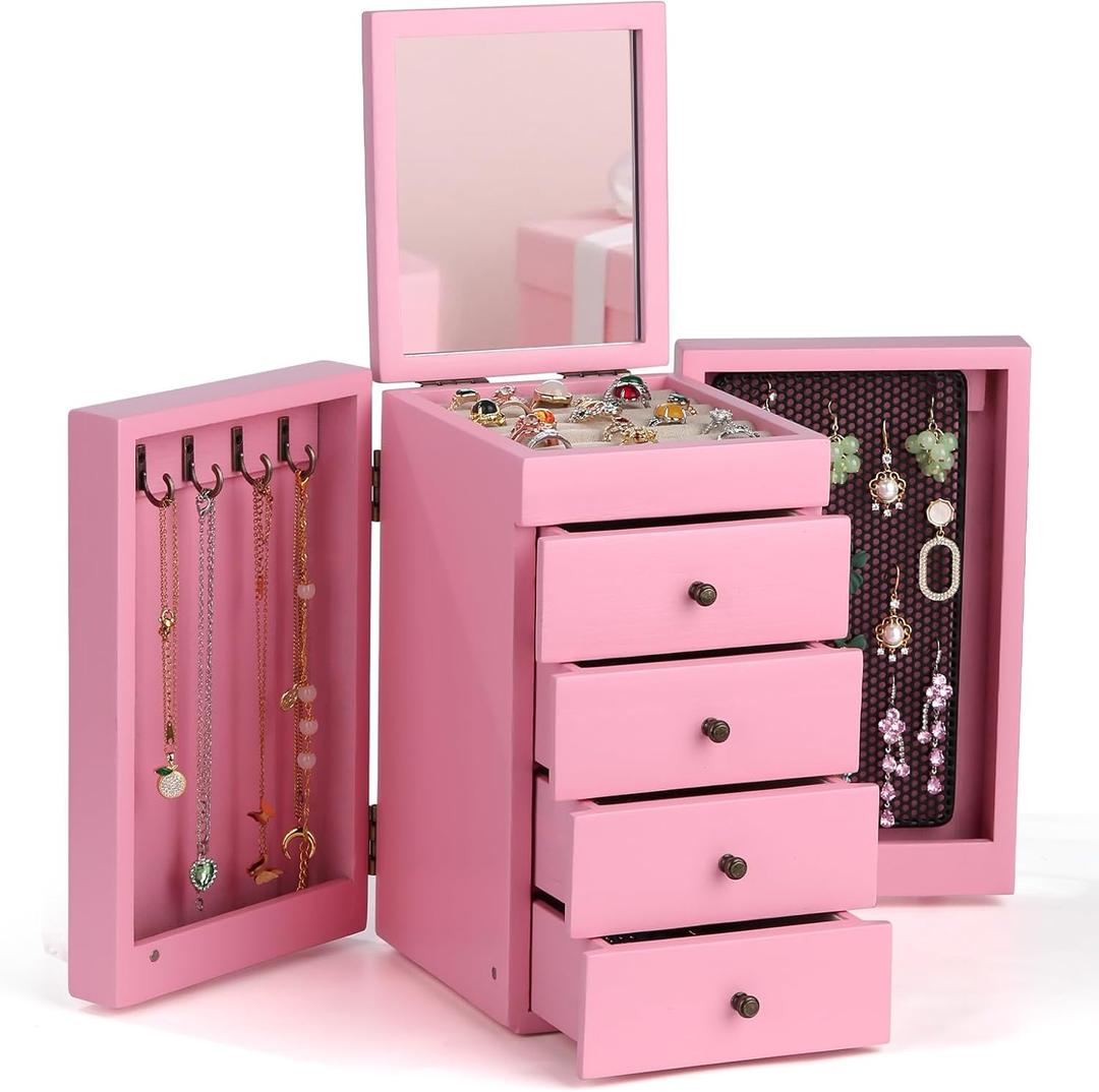Meangood Jewelry Box Wood for Wowen, 5-Layer Large Organizer Box with Mirror & 4 Drawers for Rings, Earrings, Necklaces, Pink