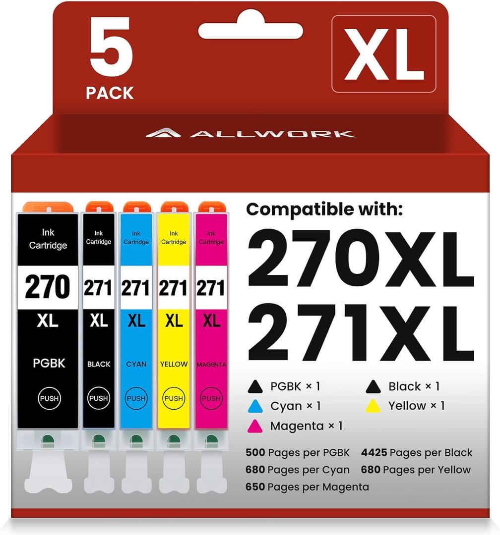 ALLWORK 270 271 Compatible Ink Cartridge Replacement for Canon PGI-270XL CLI-271XL to use with PIXMA MG6820 MG6821 TS6020 TS5020 MG7720 TS9020 (PGBK Black Cyan Magenta Yellow) 5 Packs