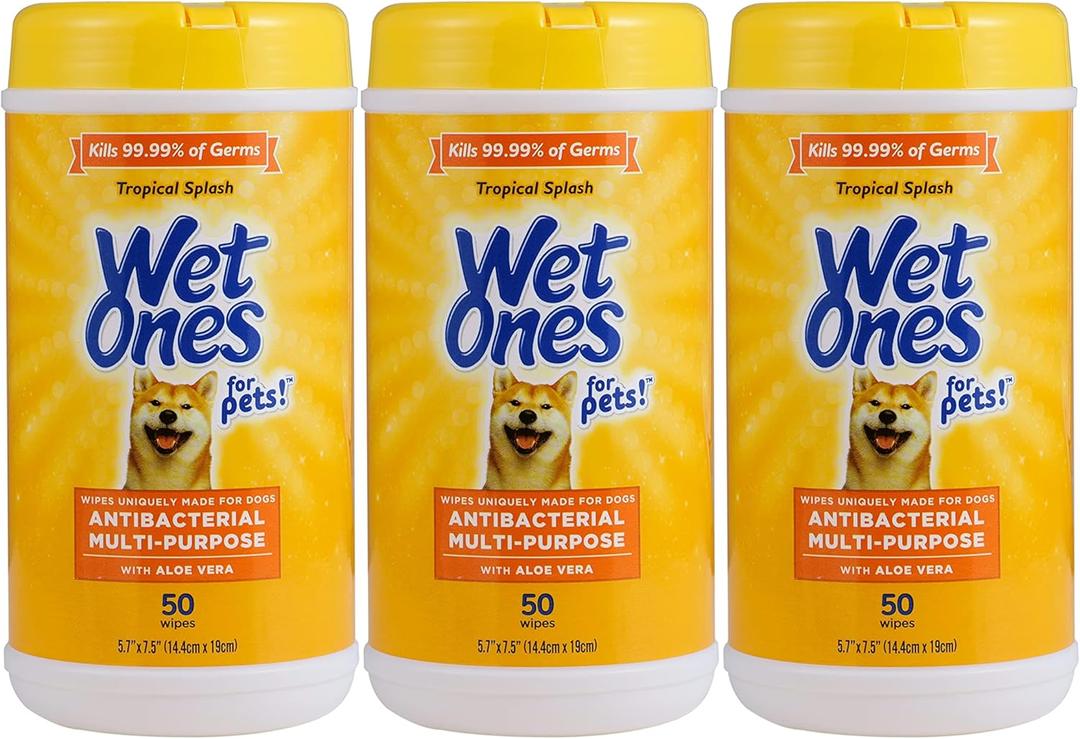 Wet Ones for Pets Antibacterial Dog Wipes, Tropical Splash, 50 Count, 3-Pk | Multi-purpose grooming wipes with aloe vera for paws, face, and body, easy cleanups between baths