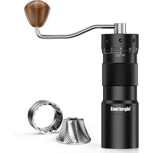 COOL KNIGHT Manual Coffee Grinder, 7-Edge SUS420 Stainless Steel Conical Burr, 72-Click External Adjustment, 25g Capacity, Aluminum Body, Walnut Handle, Magnetic Catch Cup for Espresso & Pour Over