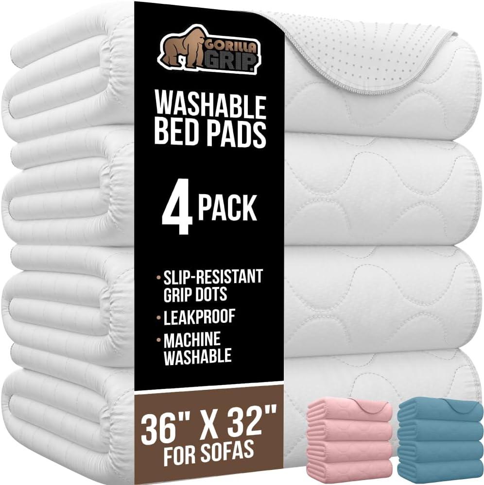 GORILLA GRIP Washable Underpads, 36x32 4 Pack Waterproof Reusable Heavy Absorbency Incontinence Bed Pads, Leak Proof Toddler Mattress Pad, Slip Resistant for Bedwetting, Adults and Kids, White