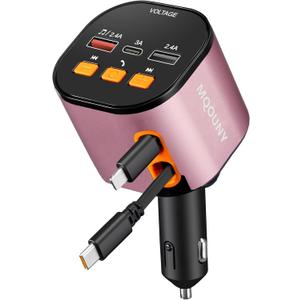 Retractable Car Charger,5 in 1 Fast Car Phone Charger 90W,Bluetooth 5.3 FM Transmitter Adapter,Handsfree Call,2 Retractable Cables and USB Cars Chargers for iPhone 17/16/15/14/13/Galaxy/Pixel (Pink)
