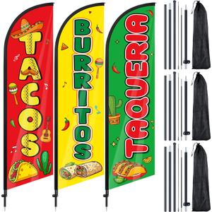 3 Pcs Tacos Burritos Feather Flag 7 ft Mexican Food Swooper Flag Mexican Restaurant Advertising Feather Banner with Pole and Ground Stake for Outside Store Business Markets