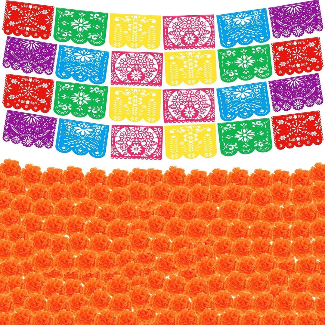 124 Pcs Halloween Mexican Party Banner Decor Papel Picado Day of the Dead Bunting Fiesta Banner Dia De Los Muertos Dead Flowers Artificial Marigold Flower Cinco De Mayo Banner Decor(Orange)