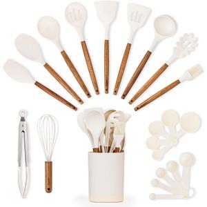 Silicone Kitchen Utensils Set & Holder: Cooking Utensils Set - Kitchen Essentials for New Home & 1st Apartment- Silicone Spatula Set, Cooking Spoons for Nonstick Cookware (Acacia Wood, Cream White)