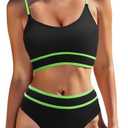 Zando High Waisted Swim Suits for Women 2025 Ribbed Swimsuit 2 Piece Color Block Sporty Bikini Sets Modest Bathing Suit M