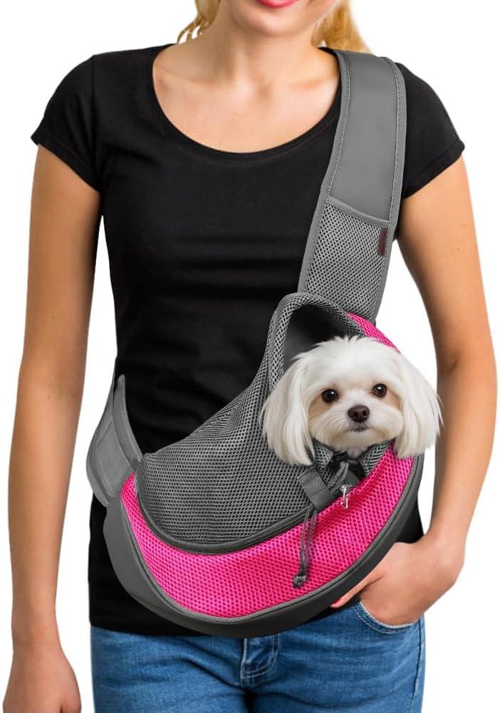 YUDODO Pet Sling Carrier for 10-15 lbs Small Dogs & Cats Hands-Free Puppy Carrier with Safety Hook, Large Zipper Pocket, Soft Breathable Mesh, Adjustable Strap & Reflective Strip (Pink, 1.0 L)