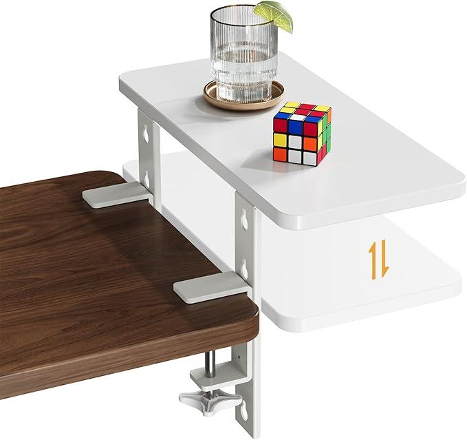 3 in 1 Clamp-on 15.7"×7.5" Desk Extender, Heavy-Duty Side/Top Desk Organizer Shelf, Adjustable Desktop Storage for Office Accessories, Monitor and Laptop Riser, White