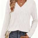 PRETTYGARDEN Fall Fashion 2025 Long Sleeve Shirts for Women Ribbed Knit V Neck Dressy Casual Lightweight Sweaters Tunic Tops (Small, White)