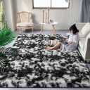 DweIke Fluffy Black White Shag Rugs for Bedroom Living Room, 3x5 Feet Soft Plush Tie-Dyed Cow Girls Boys Kids Rug, Non-Slip and Machine Washable Carpet for Dorm Nursery Classroom Deco  size 36x60
