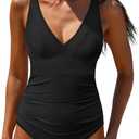 popvil One Piece Swimsuit Women 2025 Tummy Control Neon Color Block Bathing Suit Deep Vneck Tie Back Swim Suits Beach (Large, Solid Black)
