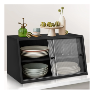 Small Kitchen Pantry Countertop Cabinet, Mini Countertop Cabinet with 2 Sliding Acrylic Doors, 23.6" Small Kitchen Pantry Sideboard, 2 Tier Countertop Storage Cabinet for Dish, Bowl (Black)