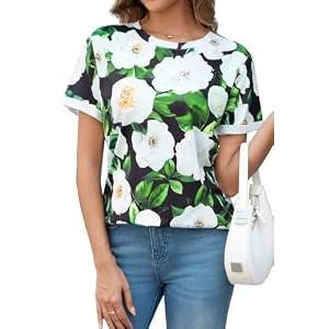DeXianLai Women's Clothing Summer Short Sleeve Crew Neck Vacation Fashion Tops Casual Outfits Easter Green White Flowers L