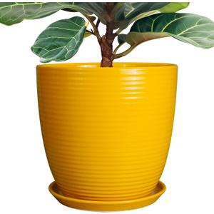 12 Inch Pots for Plants - Ceramic Planter for Indoor Plants Large Plant Pot with Drainage Hole and Saucer Round Outdoor Flower Pot for Garden Home Patio Office Yellow