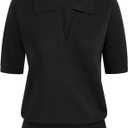 Kate Kasin Women Short Sleeve Polo Sweater V Neck Knitted Tops Casual Ribbed Shirt Loose Pullover Sweater (Large, Black)