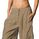 Women Linen Beach Pants Lightweight Cargo Sweatpants Wide Leg Elastic Waist Palazzo Pants Cover Up with Pockets (Small, Khaki)