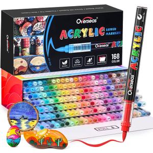 Overseas Acrylic Paint Markers 168 Colors, Brush Tip Paint Pens with Automatic Ink Control System, Quick Drying Liquid Ink Acrylic Marker for Rock, Wood, Canvas, Glass, Fabric, Metal, Plastic, Rubber