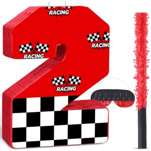 Race Car Piñata Pull String Cars Piñatas for Birthday Party Decorations Number 2 3 4 5 6 with Blindfold Stick Small Red Black Racing Theme 2nd 3rd 4th 5th 6th Party Supplies