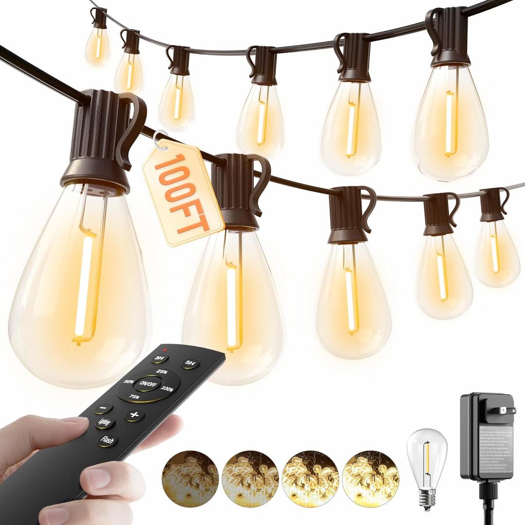 luckystyle 100FT LED Outdoor String Lights with Remote, 35+ 1 Shatterproof Bulbs Waterproof and Dimmable Patio Lights for Porch, Garden, Backyard, Deck, Balcony, 2200K Hanging Lighting (Warm Yellow-2200K)