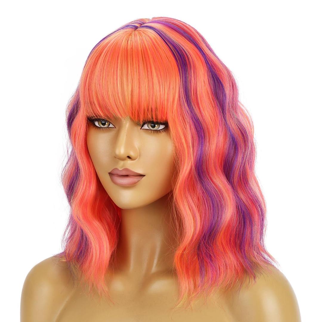 BERON 14 Inches Orange Wig with Bangs Short Curly Wig Hot Pink Mix Purple Orange Curly Wigs for Women Daily Party or Cosplay Hairnet Include