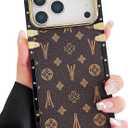 Compatible with iPhone 17 Pro Max Case Luxury Designer for Women Girls,Rectangle Edge PU Leather + Soft TPU Anti Drop Camera Protective Cover for 17 Pro Max - 6.9 inch (Brown)