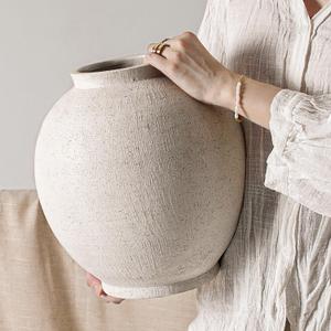 White Ceramic Vase - Large 12.5 Inch Round Floor Vase for Centerpieces, Farmhouse Flower Vases, Rustic Minimalist Home Decor (Sandstone White)
