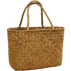 Handmade Seagrass Woven Tote Bag Natural Style Vintage Craftsmanship Lightweight Handheld and Shoulder Bag for Summer Outings and Beach Adventures Flower Basket Beach Bag Woven for Women