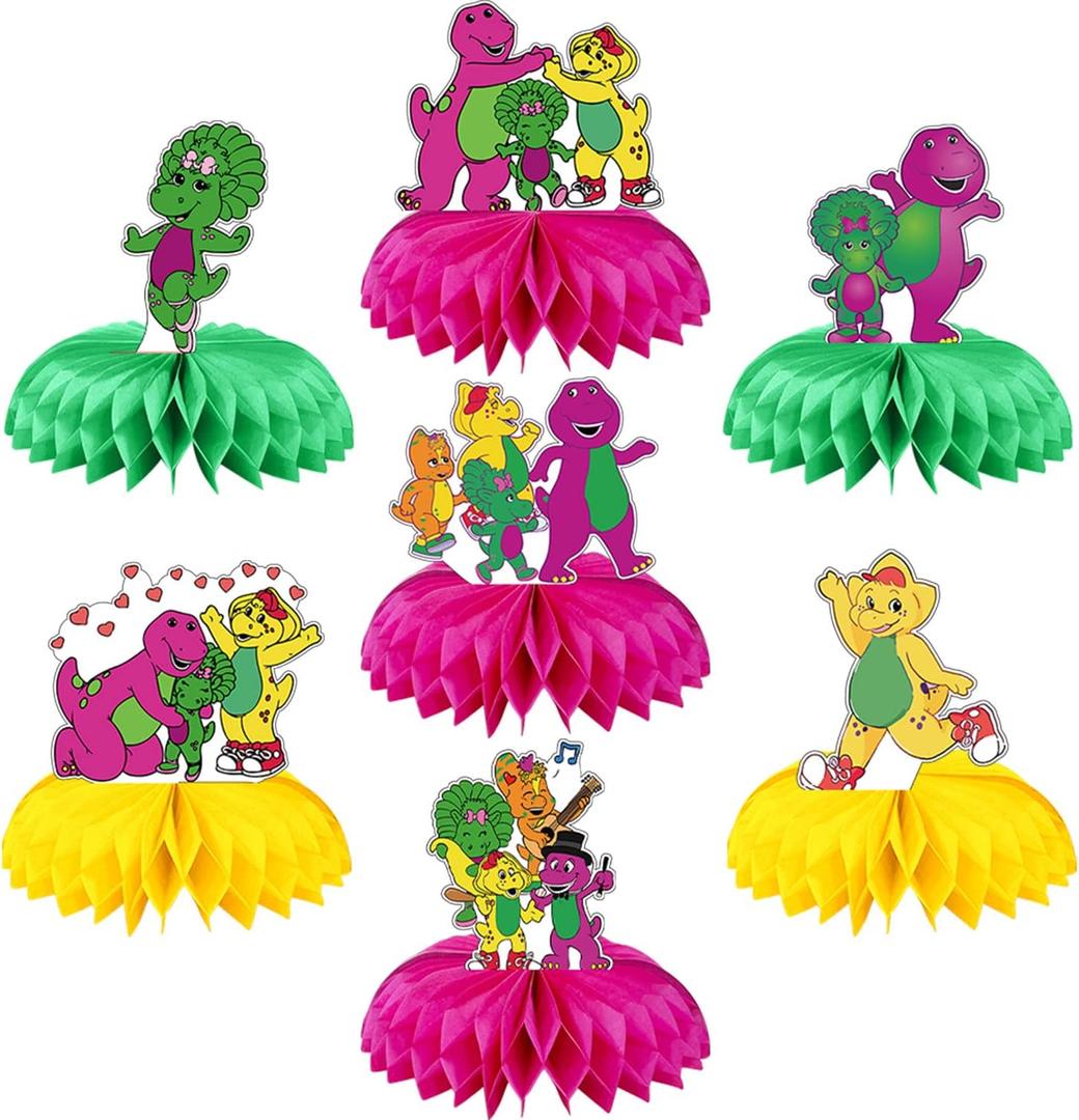 Barney Party Decorations Honeycomb Centerpiece, 7 Pieces Barney Purple Dinosaur Theme  Side Cake Toppers Table Centerpieces, Barney Photo Backdrop for Fans Birthday Party Decorations