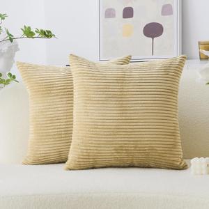 Home Brilliant Set of 2 Decorative Plush Velvet Corduroy Striped Throw Euro Pillow Sham Cushion Cover for Sofa, 26x26 inches, Taupe