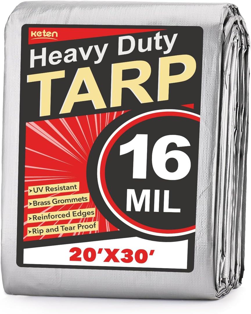 Keten Tarps Heavy Duty Waterproof 20X30 Feet, Extra Thick 16 Mil, Tear & Fade Resistant, UV Blocking, Outdoor Tarp with Reinforced Grommets for Roof, Camping, Patio, Pool, Boat(Silver/Black)