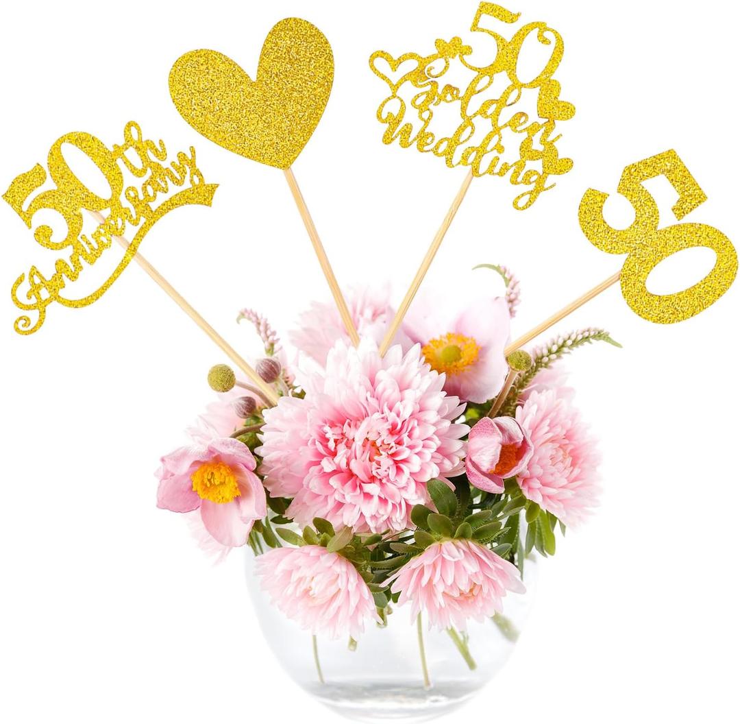 ElevateTech 50th Anniversary Centerpiece Sticks 48 Pcs Double Sided Gold Glitter 50th Wedding Anniversary Centerpieces for Tables Flower Table Toppers for Cheers to 50 Years Wedding Party Decorations