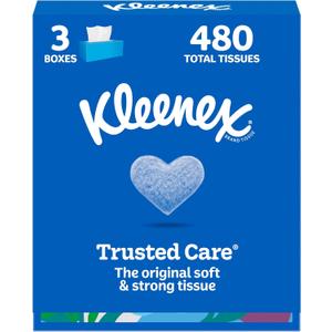 Kleenex Trusted Care Facial Tissues, 3 Flat Boxes, 160 Tissues per Box, 2-Ply (480 Total), Packaging May Vary