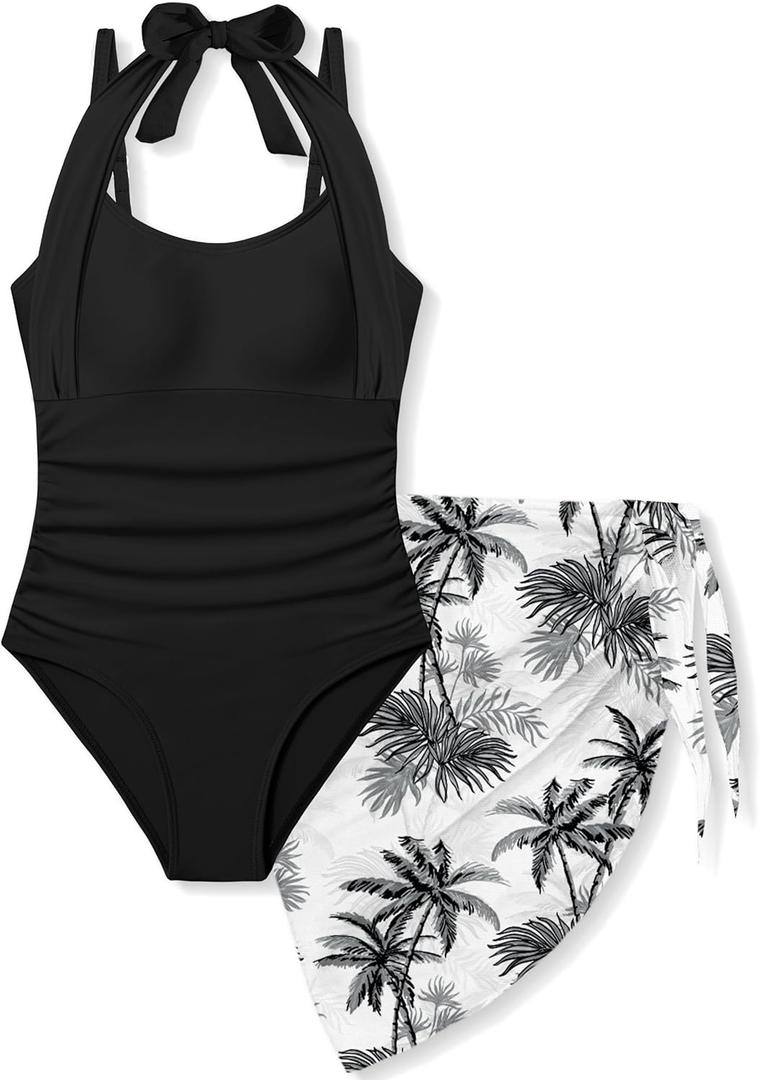 Girls Swimsuit Halter Neck One Piece Bathing Suit with Tropical Printed Cover Up Skirt Girls' Swimwear Set 7-18Y (11-12 Years, Black)