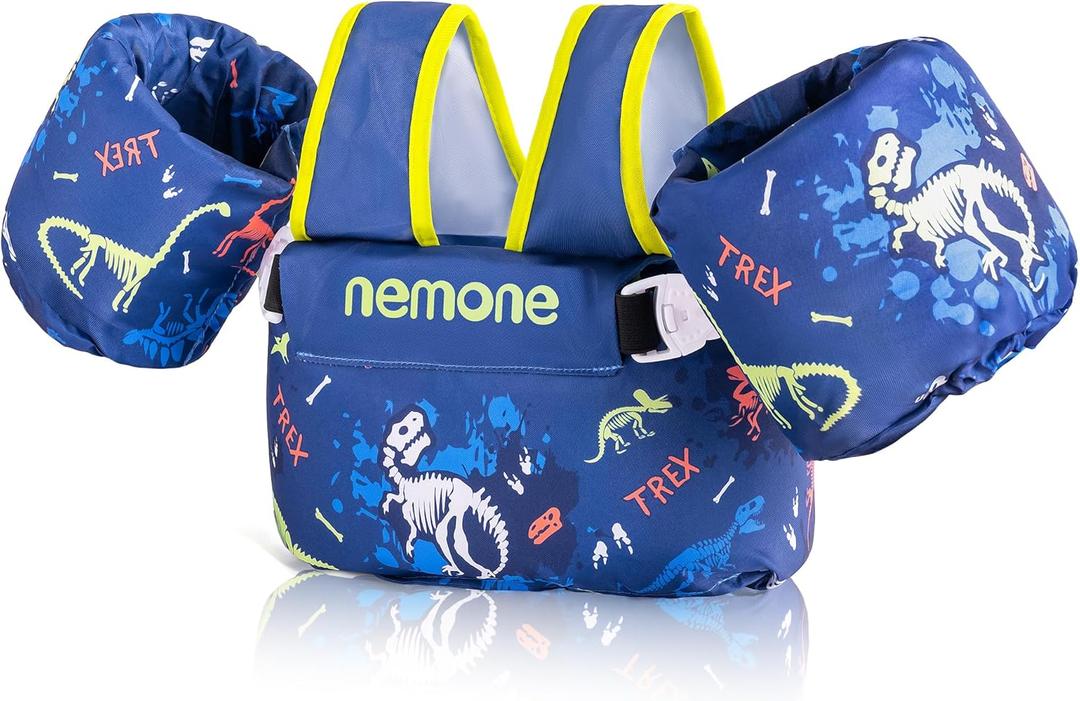 Nemone Toddler Swim Vest for 22-70 lbs Kids Floaties Swim Jacket with Arm Water Wings for Girls Boys 1 2 3 4 5 6 7 Years Old Beach Pool 20 30 40 50 60 66 Pounds Puddle Jumper (Black Dinosaur)
