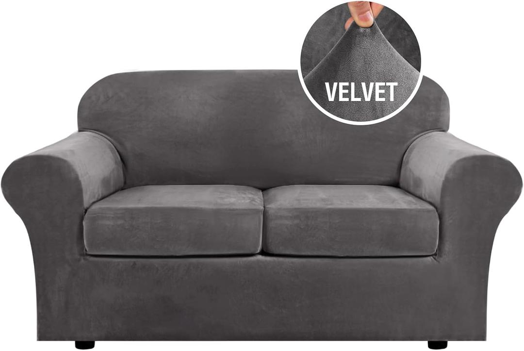 H.VERSAILTEX Real Velvet Plush 3 Piece Stretch Sofa Covers Couch Covers for 2 Cushion Couch Loveseat Covers Width Up to 72 Inch Feature Thick Soft Stay in Place (Medium Sofa, Grey)