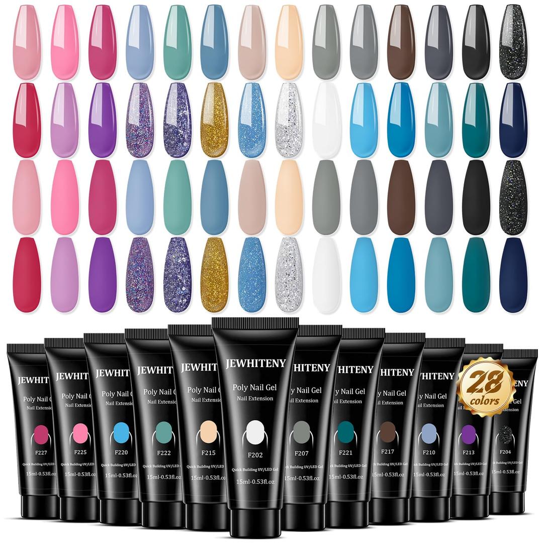 JEWHITENY 28 Colors Poly Nail Gel Set - 15ml Nude Pink Brown Black Grey Blue Yellow Tones for French Manicure DIY Nail Art Salon & Home Use Holiday Gift