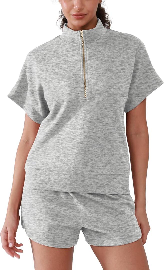 Shorts Sweat Set for Women Cotton Half Zip Short Sleeve Top and Drawstring Shorts - Soft Comfy 2 Piece Lounge Set M