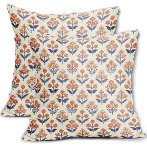 Navy Blue Orange Floral Block Print Pillow Covers 18x18 Inch Set of 2, Fall Vintage Flower Pattern Decorative Throw Pillowcases Outdoor Farmhouse Cushion Covers Seasonal Rustic Sofa Couch Bed Decor