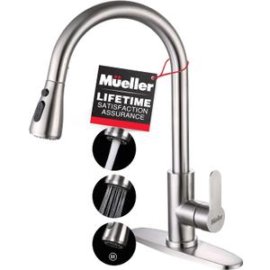 Mueller Single Handle Stainless Steel Kitchen Sink Faucet, High Arc, Single Lever, Pull-Out Sprayer Head, Stream Flow, Powerful Spray Kitchen Sink, with Deck Plate Brushed Nickel Finish