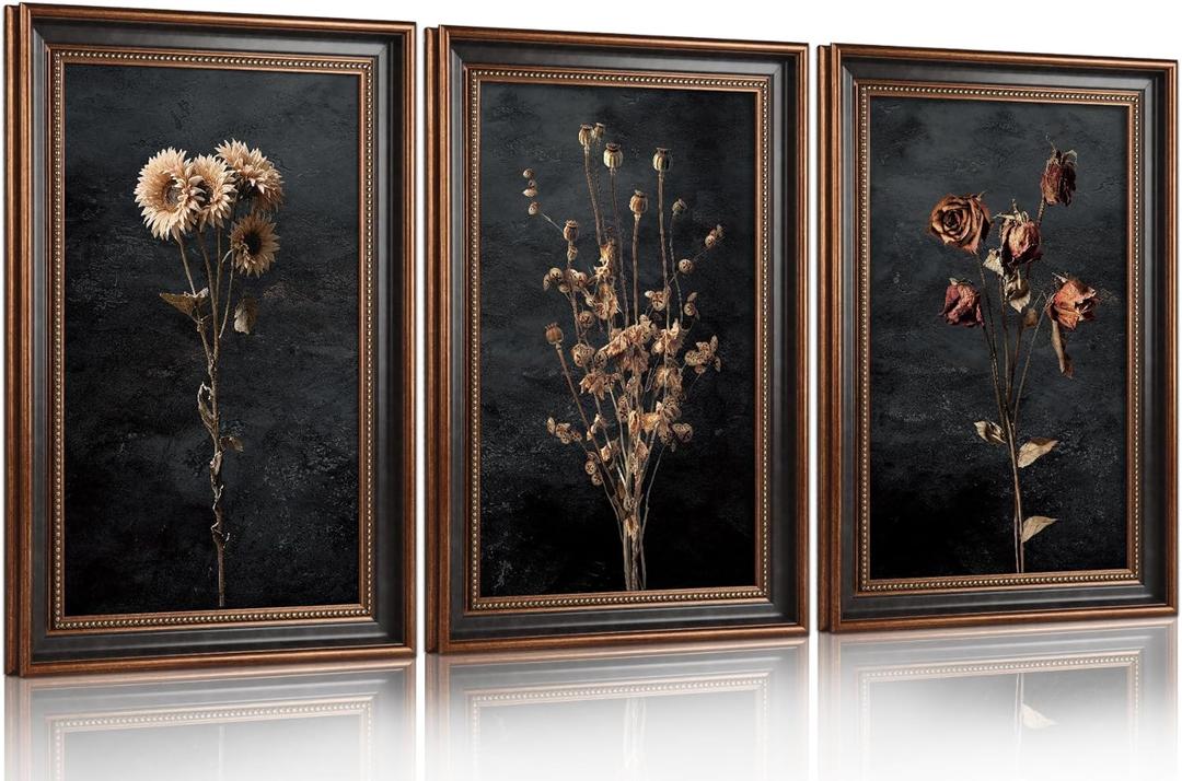 Aryroi Large Floral Framed Canvas Wall Art 16x24 Inch Set of 3 Dark dried Floral Wall Decor Vintage Botanical Art Print for Living Room Bedroom Office (24L" x 16W")