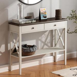 ChooChoo Farmhouse Console Table with Drawers, Narrow Wood Accent Sofa Table Entryway Table with Storage Shelf for Entryway, Front Hall, Hallway, Living Room, Antique White & Brown (11.8"D x 39.4"W x 31.5"H)
