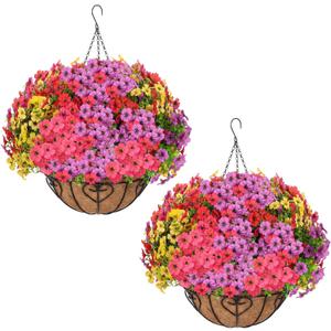 2 Sets Artificial Hanging Flower for Outdoors, Fake Hanging Basket for Outside,2 Hanging Basket with 26 Pcs Faux Silk Flowers for Porch, Balcony and Patio Decor(Mixed)