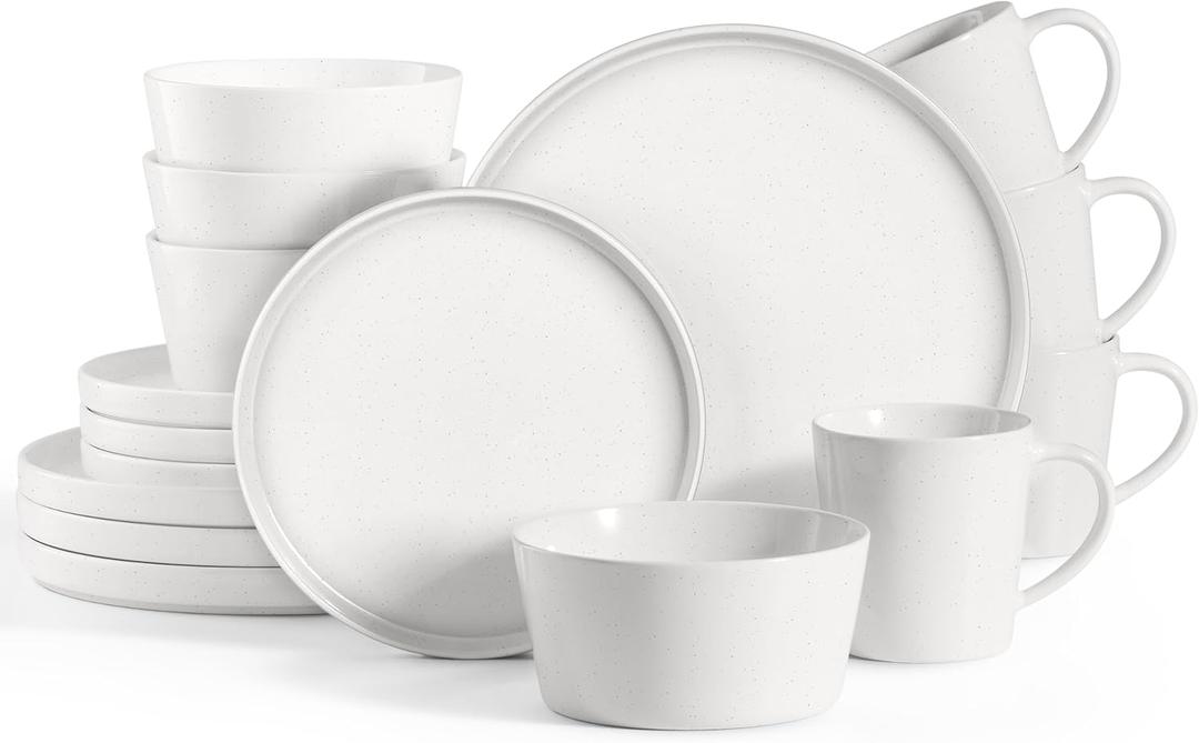 HaWare Stoneware Dinnerware Sets, 16-Piece Dishes Set for 4, Chip & Scratch Resistant Plates and Bowls Set, Speckled Starlight Whith