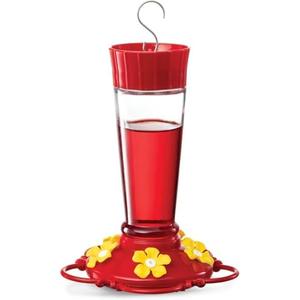 Hummingbird Feeder 10 oz Glass Feeders for Outdoors, with Built-in Ant Guard - Wide Mouth for Easy Filling - 2 Part Base for Easy Cleaning - Circular Perch with 5 Feeding Ports