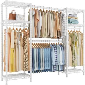 Ulif E7 Heavy Duty Garment Rack, Clothes Organizer and Storage Rack with Expandable Hangers, Metal Clothing Rack with 6 Wire Shelves, (52.3"-72") W x 14.5" D x 71.2" H, Load 838 LBS, White