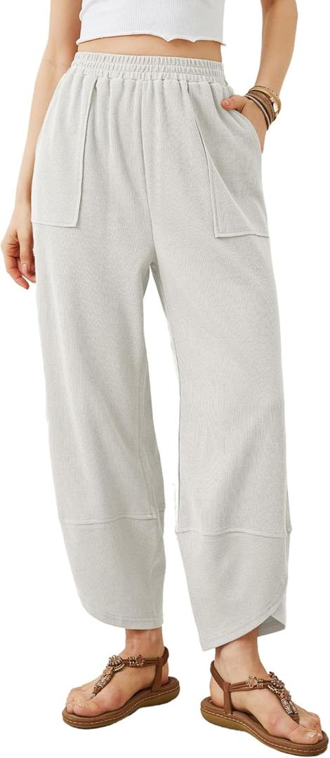 Xiaoxuemeng Womens Baggy Wide Leg Pants Casual Elastic Waisted Palazzo Harem Pants with Pockets (Large, White)