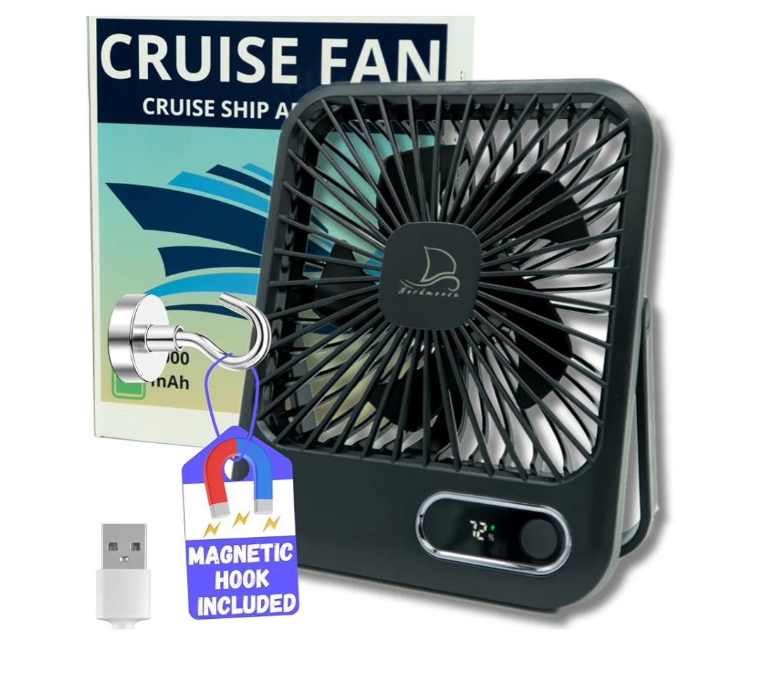 Cruise Fan Cabin Approved - Magnetic Hook Included To Hang On Walls - Portable USB Rechargeable & Plug-In, Timer Function & 5-Speed Adjustable, White Noise, Long Battery Life, Perfect for 2025 Cruises