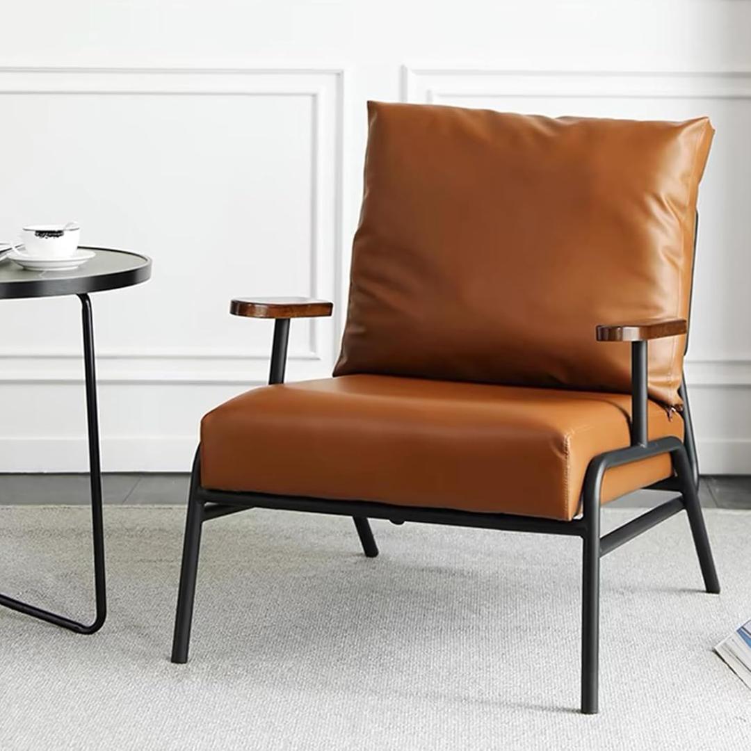 ZZV PU Leather Accent Chair with Solid Wood Armrest, Mid-Century Modern Chair, Lounge Armchair, Metal Framed Upholstered Armchair for Living Room, Bedroom, Home Office, Brown