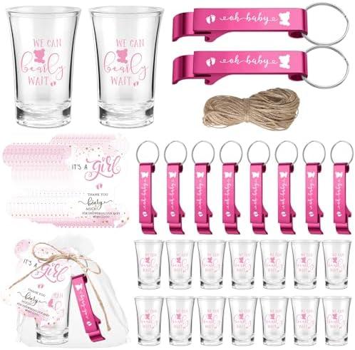 Blushtier 25 Sets Baby Shower Party Favor Shot Glasses Cute Bottle Opener Keychains Thank You Tags and Bags Baby Shower Favors Gender Reveal Party Guests Return Gift(Pink,Bear Girl)